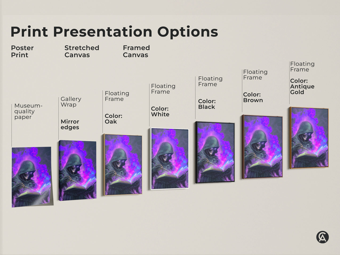 Print Presentation Options. It shows poster print stretched canvas and framed canvas. There are museum-quality paper gallery wrap mirror edges and floating frame color options. Colors include white black brown antique gold and oak.