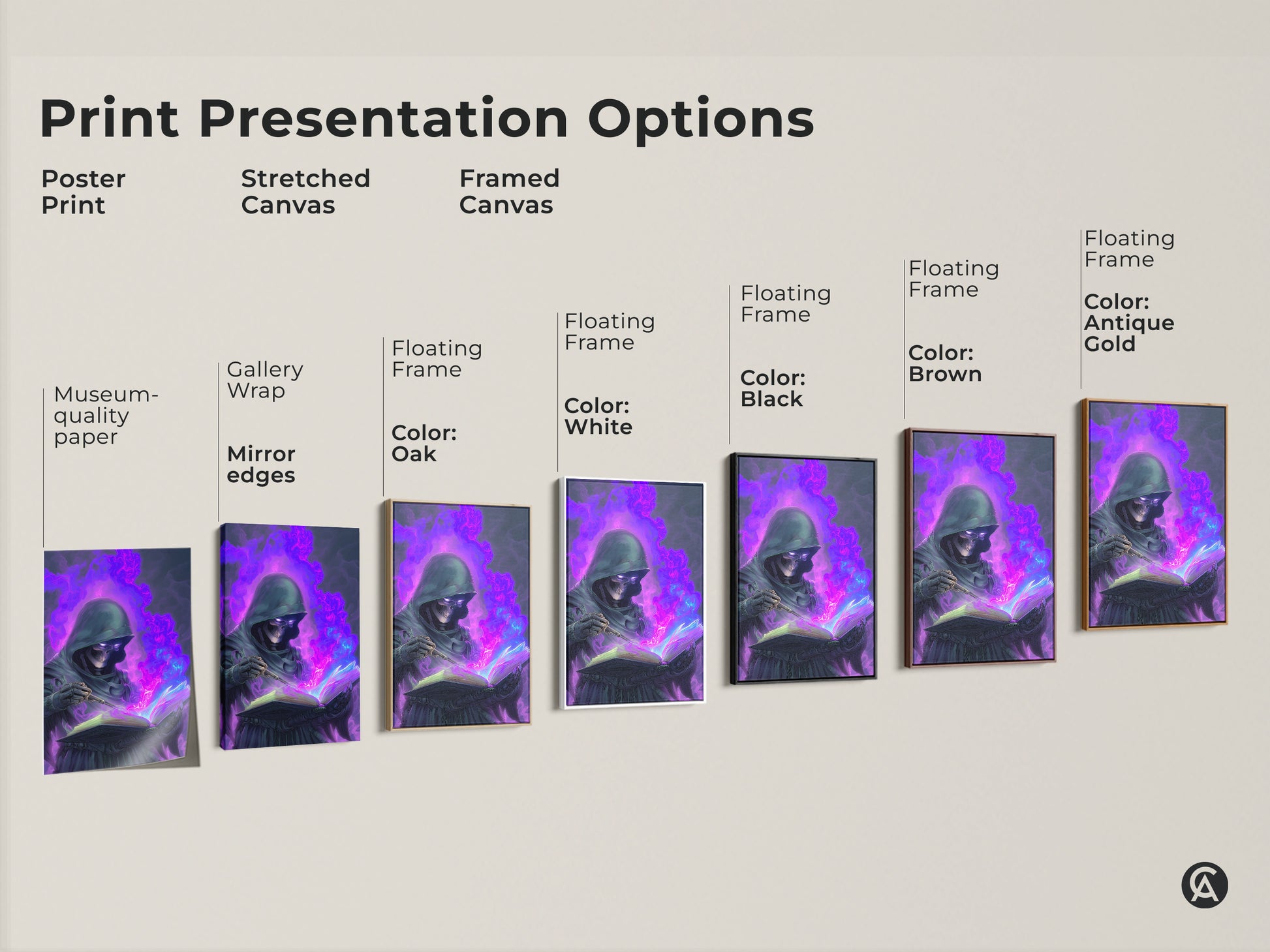 Print Presentation Options. It shows poster print stretched canvas and framed canvas. There are museum-quality paper gallery wrap mirror edges and floating frame color options. Colors include white black brown antique gold and oak.