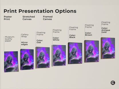 Print Presentation Options. It shows poster print stretched canvas and framed canvas. There are museum-quality paper gallery wrap mirror edges and floating frame color options. Colors include white black brown antique gold and oak.