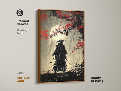 The framed canvas features a samurai warrior under a moonlit sky. The Ukiyo-e style painting has an antique gold floating frame. This Japanese art wall decor is ready to hang. This nature-inspired canvas is perfect for eclectic home decor. The warrior with sword print is unique.
