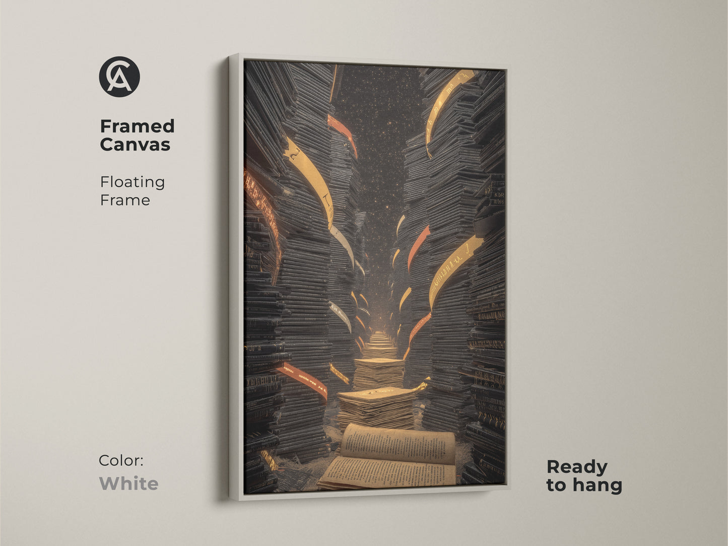 Framed canvas of a surreal library staircase artwork. The floating frame is white. It features books in an eclectic black gold orange style. Ready to hang for a study room or office decor.