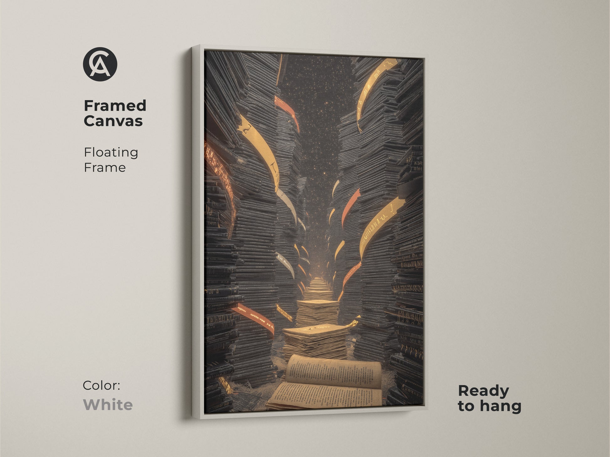 Framed canvas of a surreal library staircase artwork. The floating frame is white. It features books in an eclectic black gold orange style. Ready to hang for a study room or office decor.