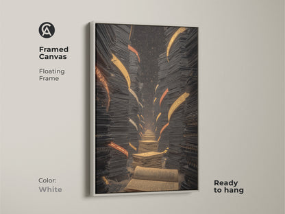 Framed canvas of a surreal library staircase artwork. The floating frame is white. It features books in an eclectic black gold orange style. Ready to hang for a study room or office decor.