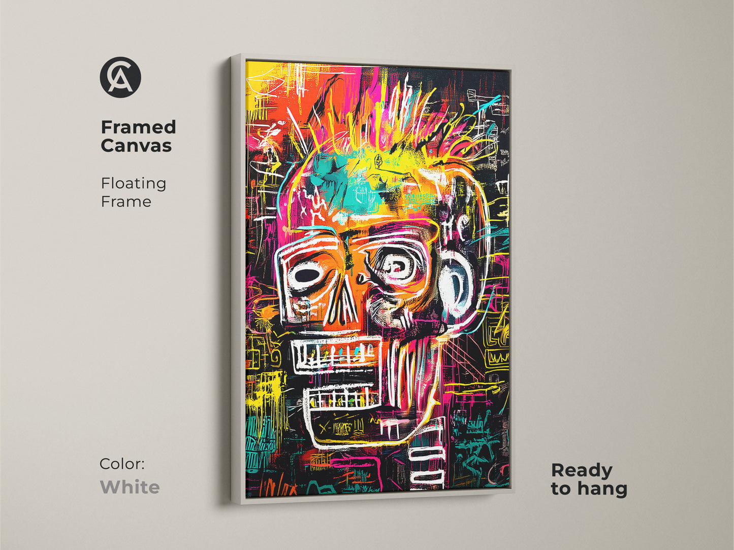 This framed skull canvas with a white floating frame is a modern art statement. The artwork is ready to hang. The white frame provides a clean and contemporary look. It enhances the artwork's vibrant colors. This canvas is a stylish addition to any home.
