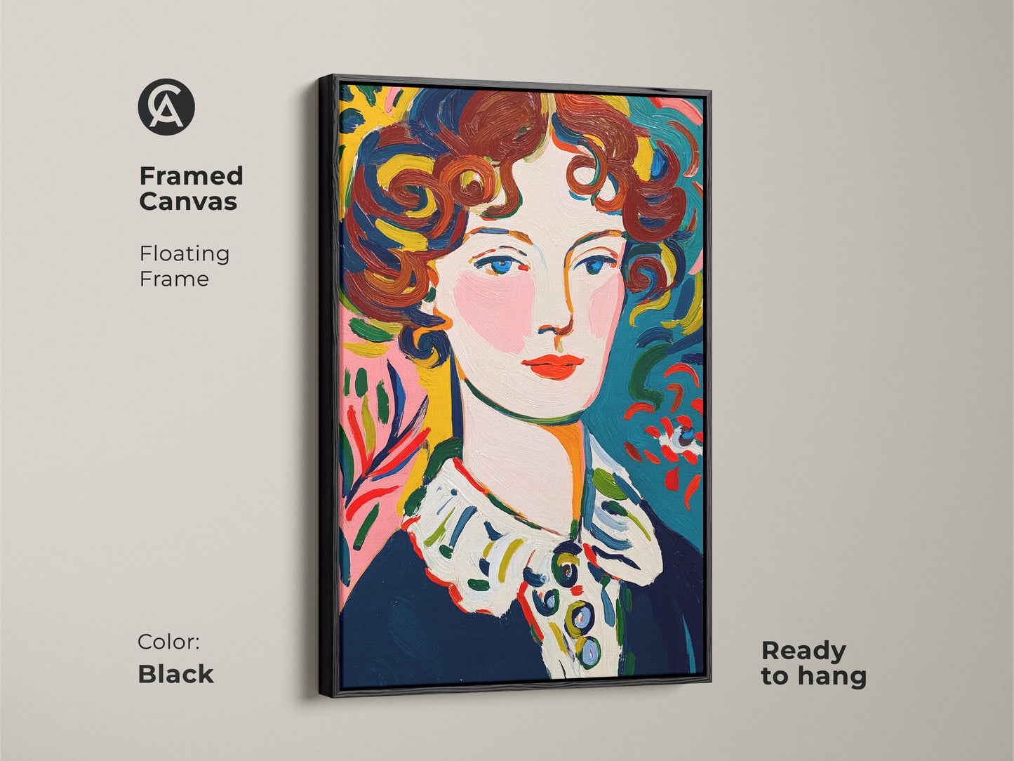 Framed canvas print of a woman's portrait. The floating frame is black and adds a touch of elegance. This ready-to-hang artwork will enhance your home decor. The colorful painting is a beautiful focal point.