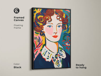 Framed canvas print of a woman's portrait. The floating frame is black and adds a touch of elegance. This ready-to-hang artwork will enhance your home decor. The colorful painting is a beautiful focal point.