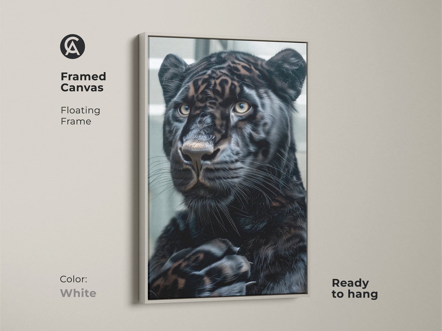 Framed canvas art of a black panther with a white floating frame. The art captures the panther's intensity. This ready-to-hang piece brings a modern touch to any space. The white frame contrasts with the panther's dark fur.