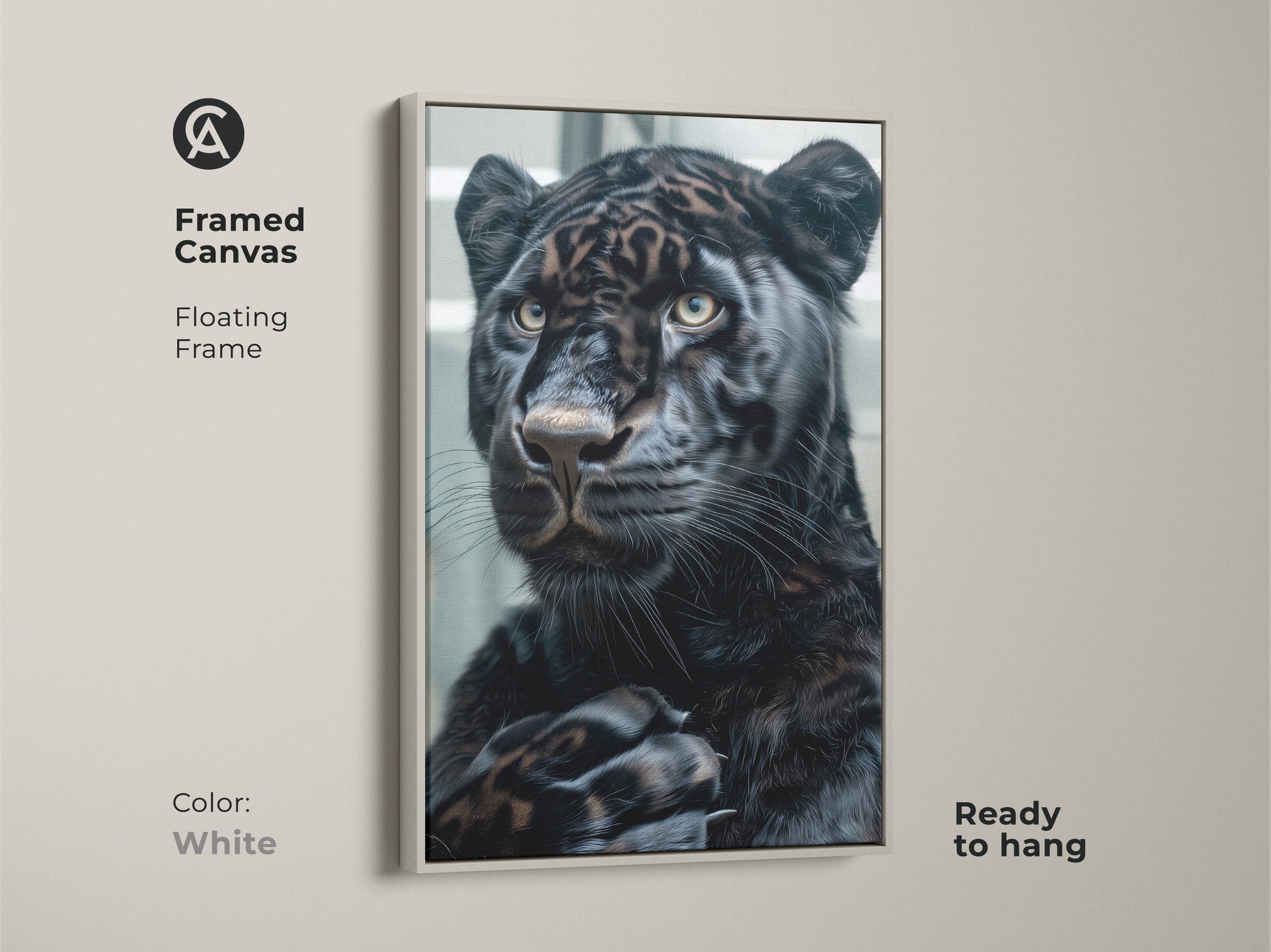 Framed canvas art of a black panther with a white floating frame. The art captures the panther's intensity. This ready-to-hang piece brings a modern touch to any space. The white frame contrasts with the panther's dark fur.