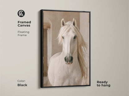 Framed canvas of a photorealistic white horse in a black floating frame. Ready to hang equestrian wall art. This farmhouse animal print adds a touch of elegance to your living room.