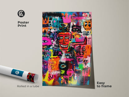 Modern graffiti art as a poster print. This colorful artwork features a collection of faces and symbols. This museum-quality paper poster is easy to frame. A unique piece to add to your art collection.