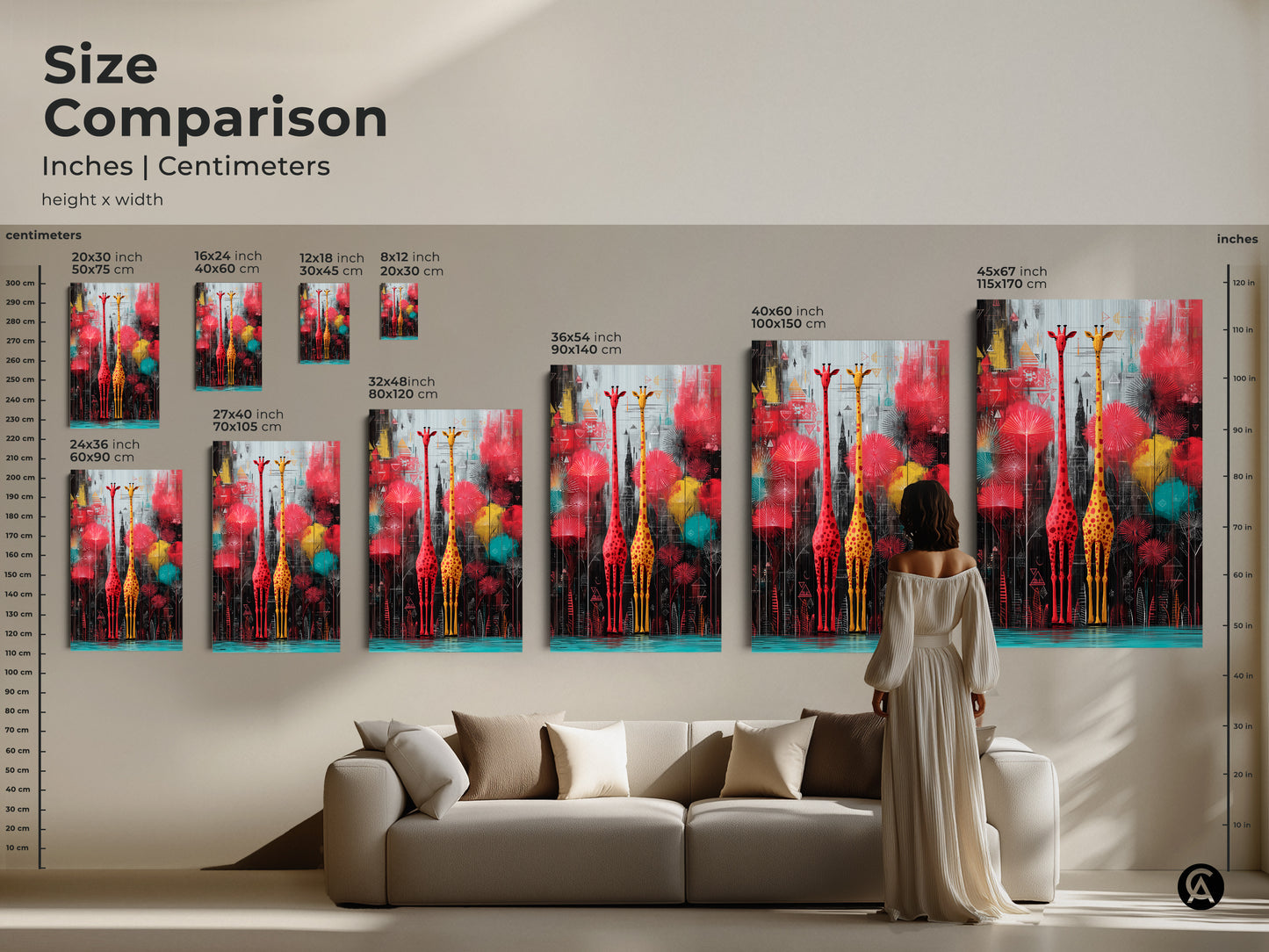 Size comparison for abstract giraffe art in inches and centimeters. See the canvas print sizes in a living room setting. Compare 20x30 to 45x67 sizes for animal home decor.