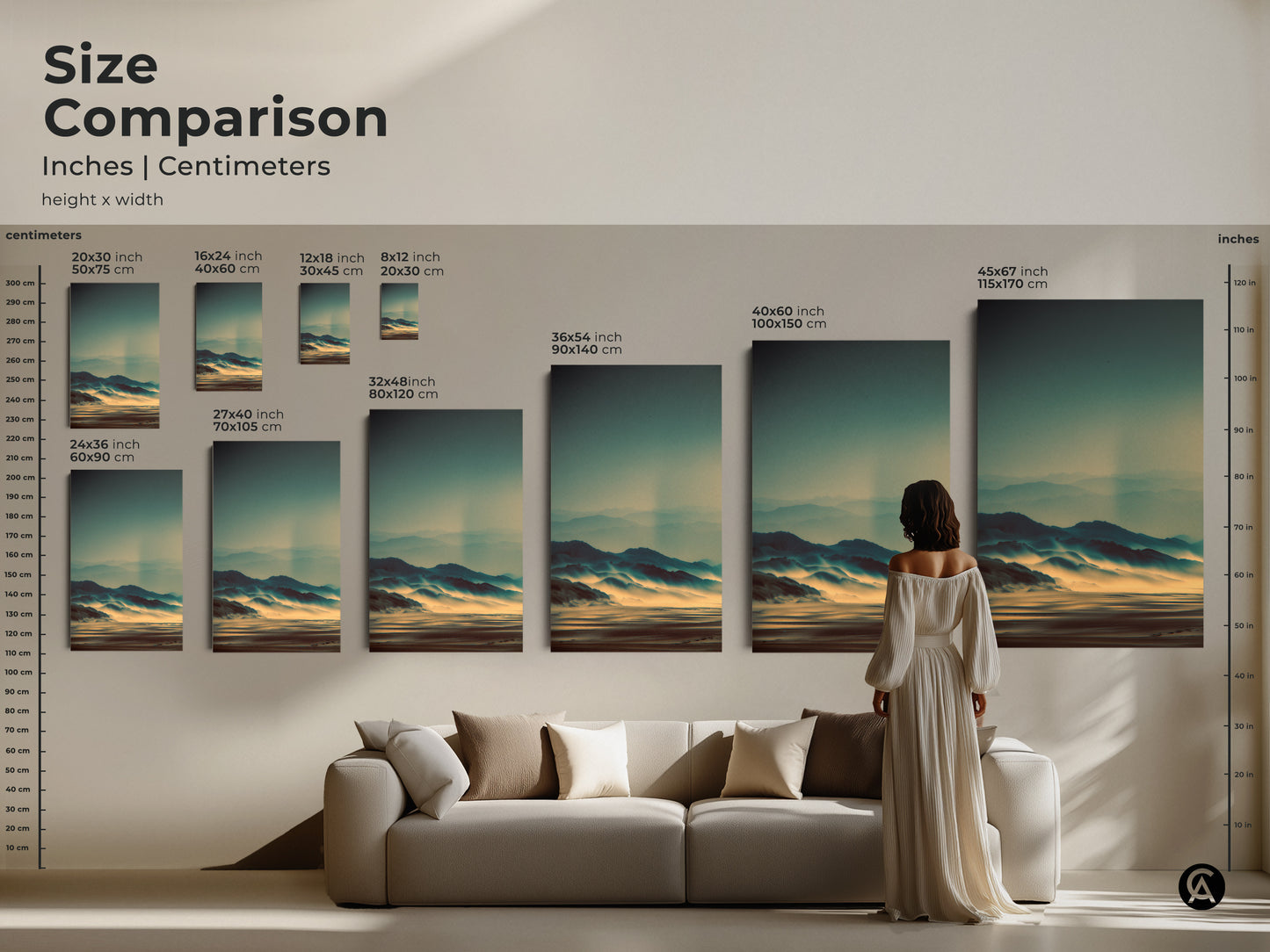 Size comparison of landscape art prints. See the different sizes in inches and centimeters. Visualize how the artwork fits above a sofa. The artwork features misty mountains. Find the perfect size for your space with this helpful guide.