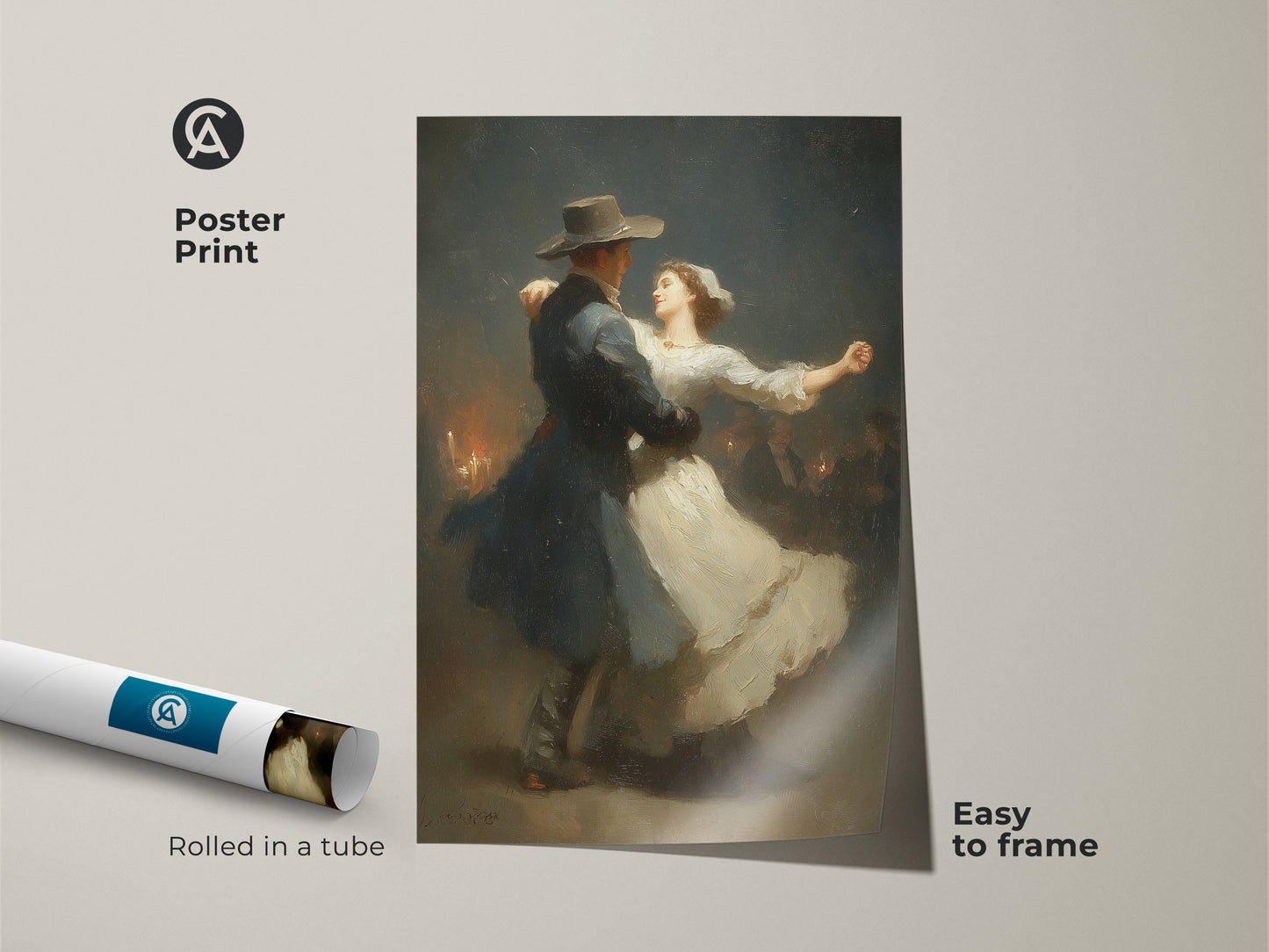 Admire this classical Victorian art as a poster print. The romantic couple dancing is easy to frame. This dark blue wall art makes a great anniversary gift for couples. Enjoy the white romance art in a vintage style. This traditional couple painting comes rolled in a tube.