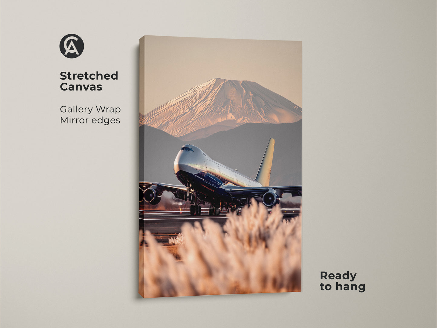 Stretched canvas art featuring a Boeing 747 taking off with Mount Fuji behind it. This gallery-wrapped travel photography canvas has mirrored edges. Ready to hang aviation art. The contemporary artwork uses blue gold and beige tones. A perfect housewarming gift for wanderlust and adventure art lovers.