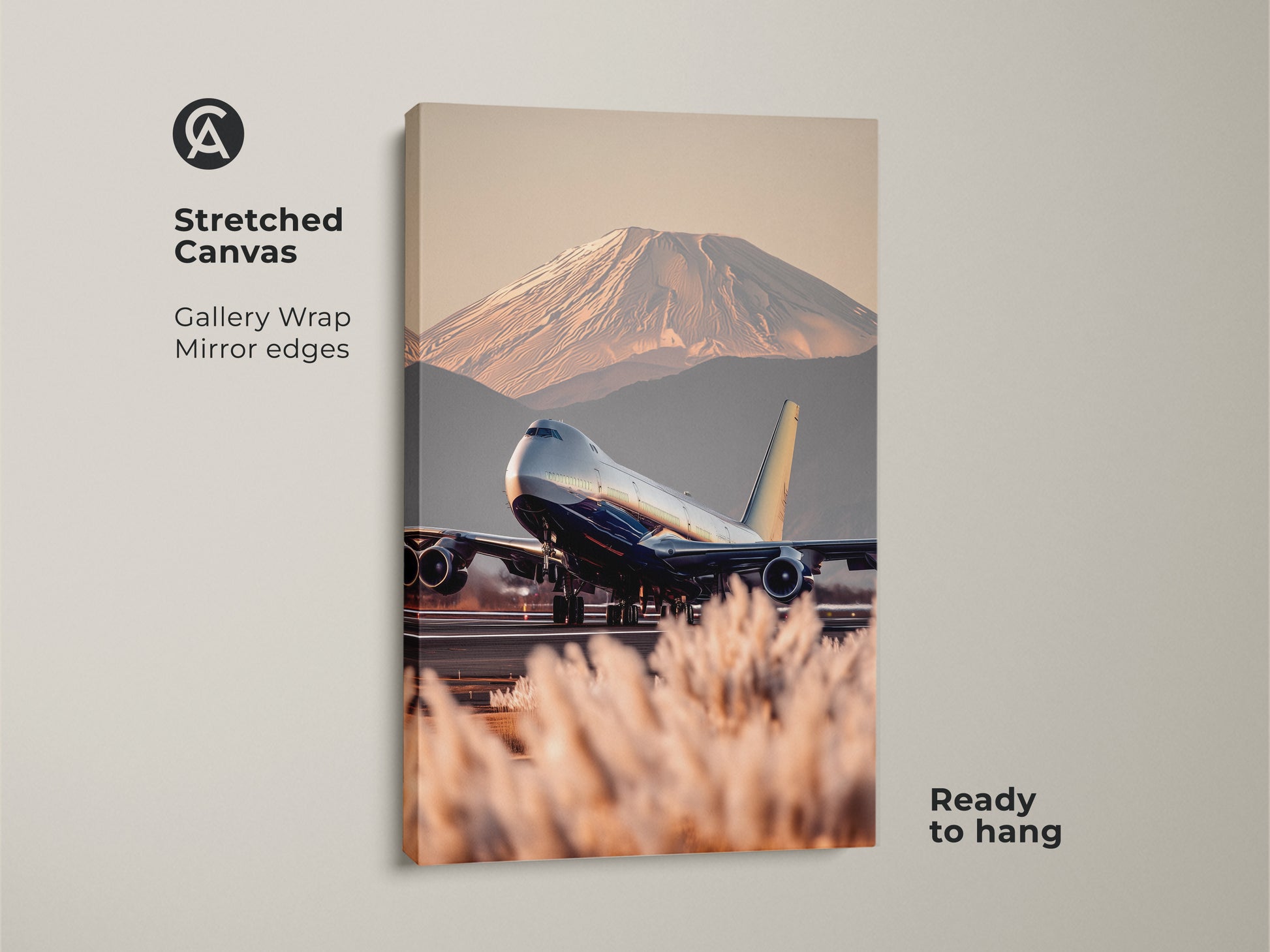 Stretched canvas art featuring a Boeing 747 taking off with Mount Fuji behind it. This gallery-wrapped travel photography canvas has mirrored edges. Ready to hang aviation art. The contemporary artwork uses blue gold and beige tones. A perfect housewarming gift for wanderlust and adventure art lovers.