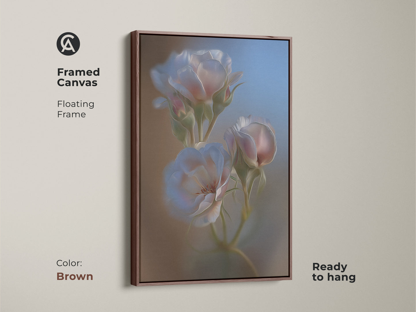 The Framed Canvas showcases soft focus roses with a brown floating frame. The artwork adds an elegant and romantic touch to contemporary and minimalist interiors. It's a high quality floral art piece and comes ready to hang.