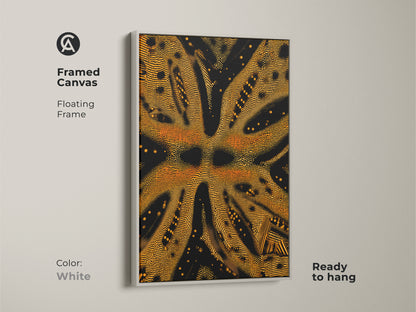 This is a framed canvas of goldenrod and black abstract art. The geometric dotted artwork features a white floating frame. The textured abstract canvas print is ready to hang. It's versatile for home decor.