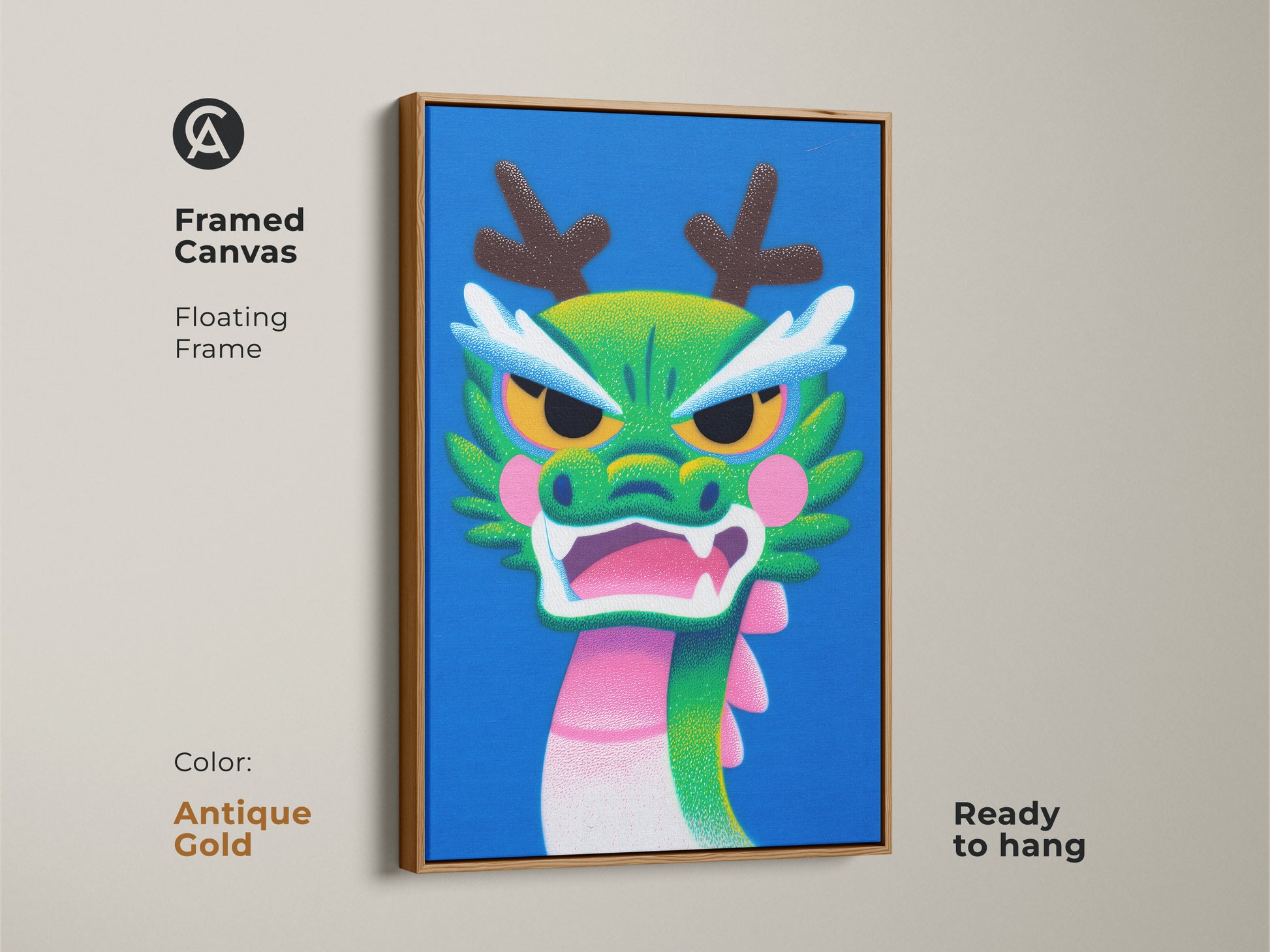 Framed Cartoon Dragon canvas with an antique gold floating frame. This vibrant green blue pink mythical creature art makes a perfect addition to any child's room wall decor.