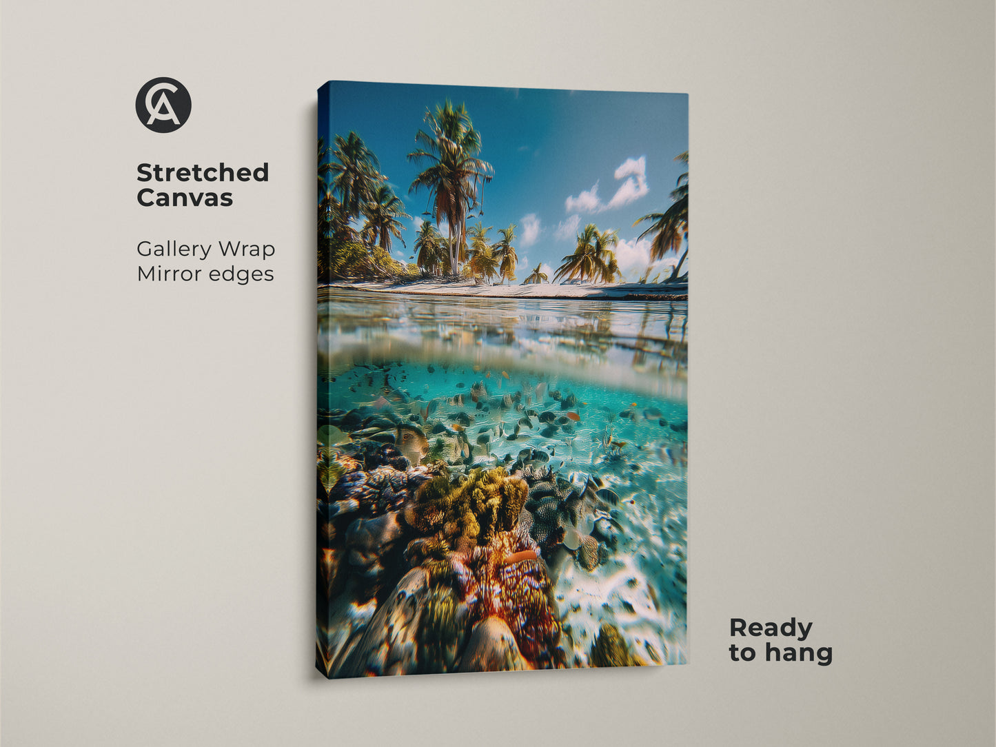 Stretched canvas art featuring a split view of a tropical beach. Palm trees are seen above the water. Underwater coral reef print showcases marine life. Gallery wrapped with mirrored edges this coastal home decor is ready to hang. Ocean scene artwork brings paradise to your space.