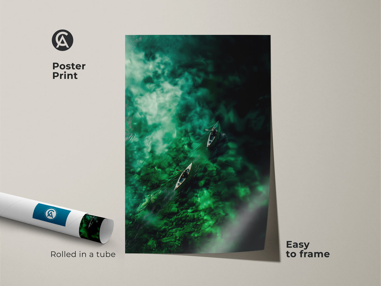 Poster print displays two canoes on emerald waters. This museum-quality paper art is rolled in a tube for easy framing. Perfect for adding a touch of serene outdoor beauty to your home decor. The aerial perspective provides a unique and calming view.