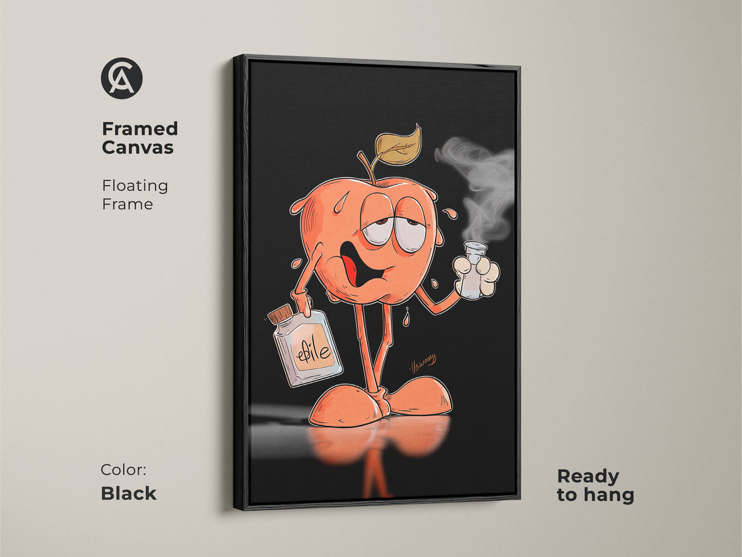 Framed canvas art of a cartoon apple enjoying a smoking drink. The floating frame is black and the art is ready to hang. The artwork includes a bottle labeled "efile". It is perfect for a modern and playful aesthetic.