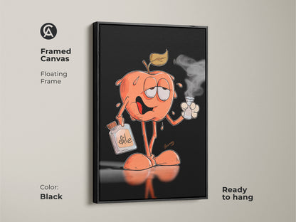Framed canvas art of a cartoon apple enjoying a smoking drink. The floating frame is black and the art is ready to hang. The artwork includes a bottle labeled "efile". It is perfect for a modern and playful aesthetic.