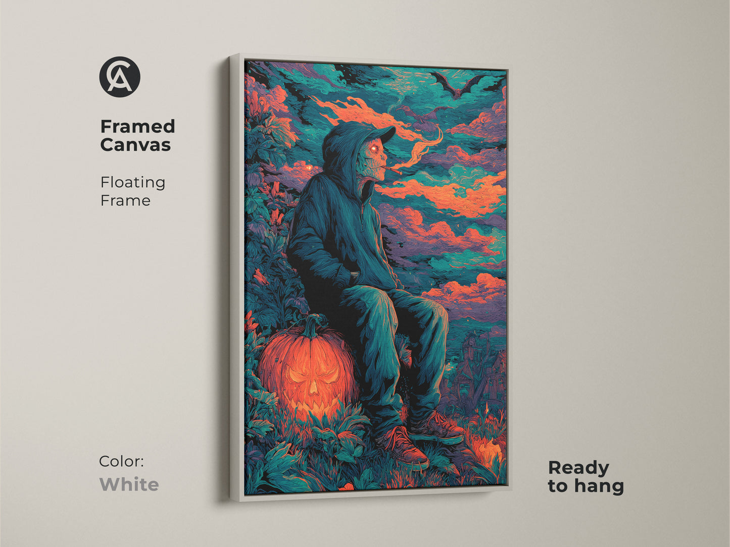 Framed canvas artwork featuring a hooded figure on a jack-o'-lantern. The white floating frame enhances the Halloween artwork. Ready to hang it brings a unique artistic flair to your home. It makes a spooky Halloween display.