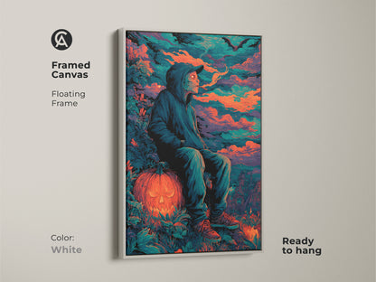 Framed canvas artwork featuring a hooded figure on a jack-o'-lantern. The white floating frame enhances the Halloween artwork. Ready to hang it brings a unique artistic flair to your home. It makes a spooky Halloween display.