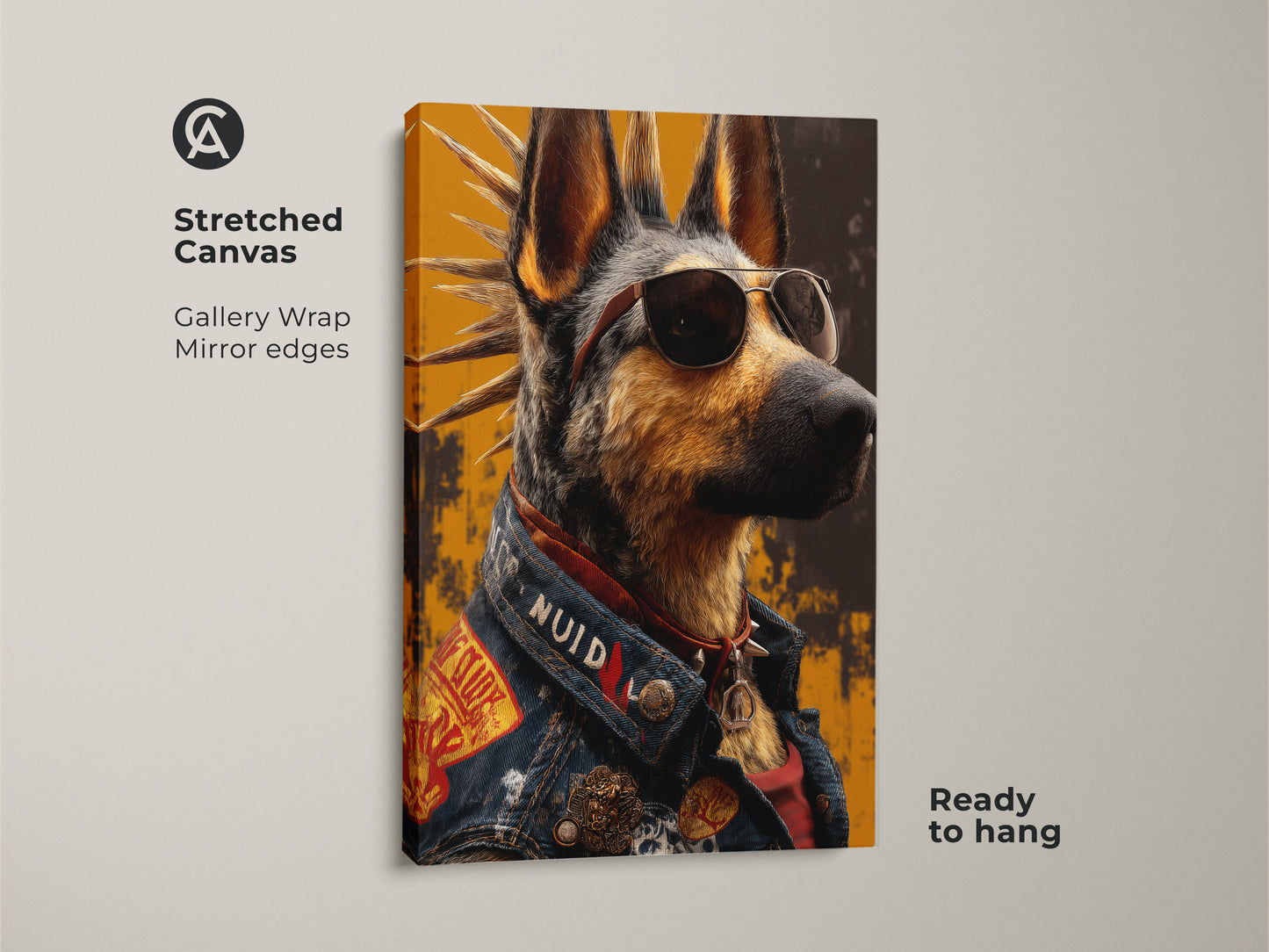 Poster print showing a cool dog with aviator sunglasses. This german shepherd wears a denim jacket. It is a punk rock style dog artwork great as a gift for a dog lover. Rolled in a protective tube.