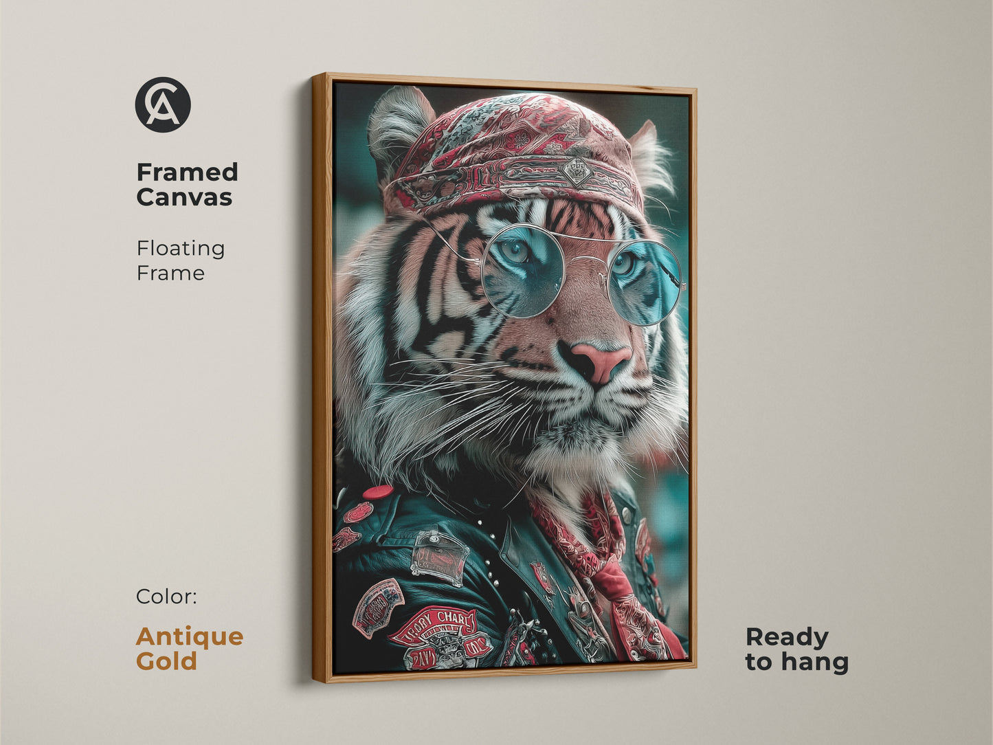 Framed canvas of the tiger biker wall art. Antique gold floating frame ready to hang. It brings an eclectic wildlife art vibe to any room. The cool tiger wall art is perfect as office wall art print. The sunglasses and bandana add a bold touch.