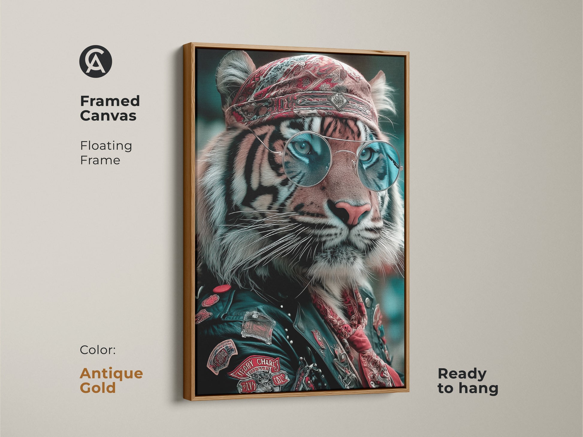 Framed canvas of the tiger biker wall art. Antique gold floating frame ready to hang. It brings an eclectic wildlife art vibe to any room. The cool tiger wall art is perfect as office wall art print. The sunglasses and bandana add a bold touch.