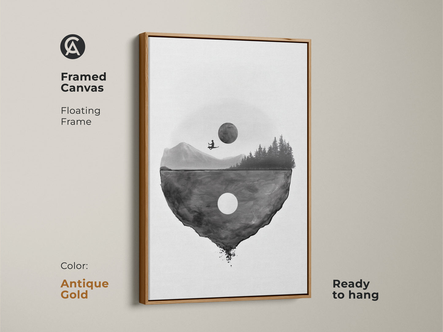 Framed canvas featuring a surreal floating island artwork with an antique gold floating frame. The minimalist moon landscape print is ready to hang. The black and white abstract art offers a unique and elegant aesthetic for a contemplative space.
