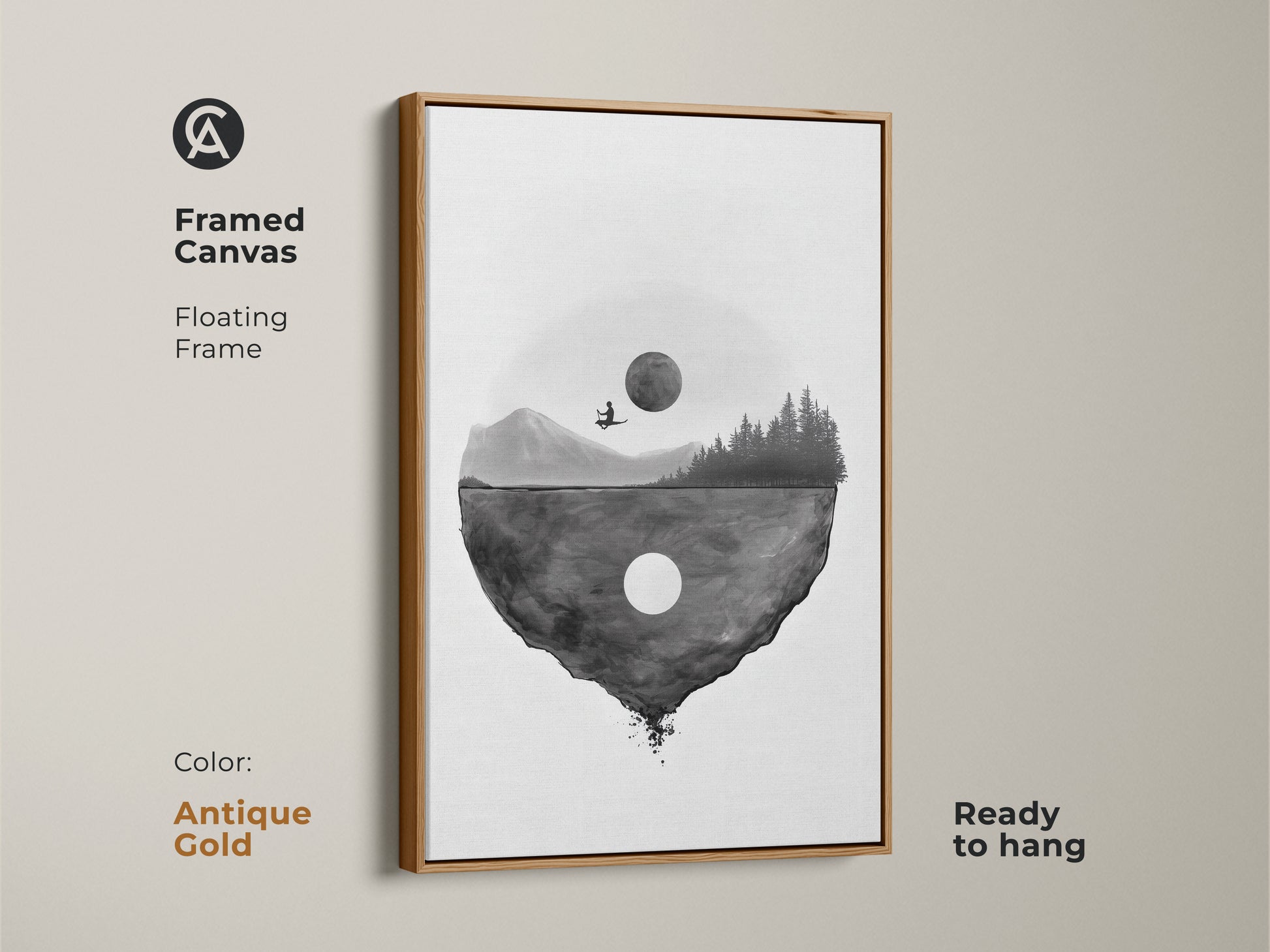 Framed canvas featuring a surreal floating island artwork with an antique gold floating frame. The minimalist moon landscape print is ready to hang. The black and white abstract art offers a unique and elegant aesthetic for a contemplative space.