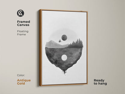 Framed canvas featuring a surreal floating island artwork with an antique gold floating frame. The minimalist moon landscape print is ready to hang. The black and white abstract art offers a unique and elegant aesthetic for a contemplative space.