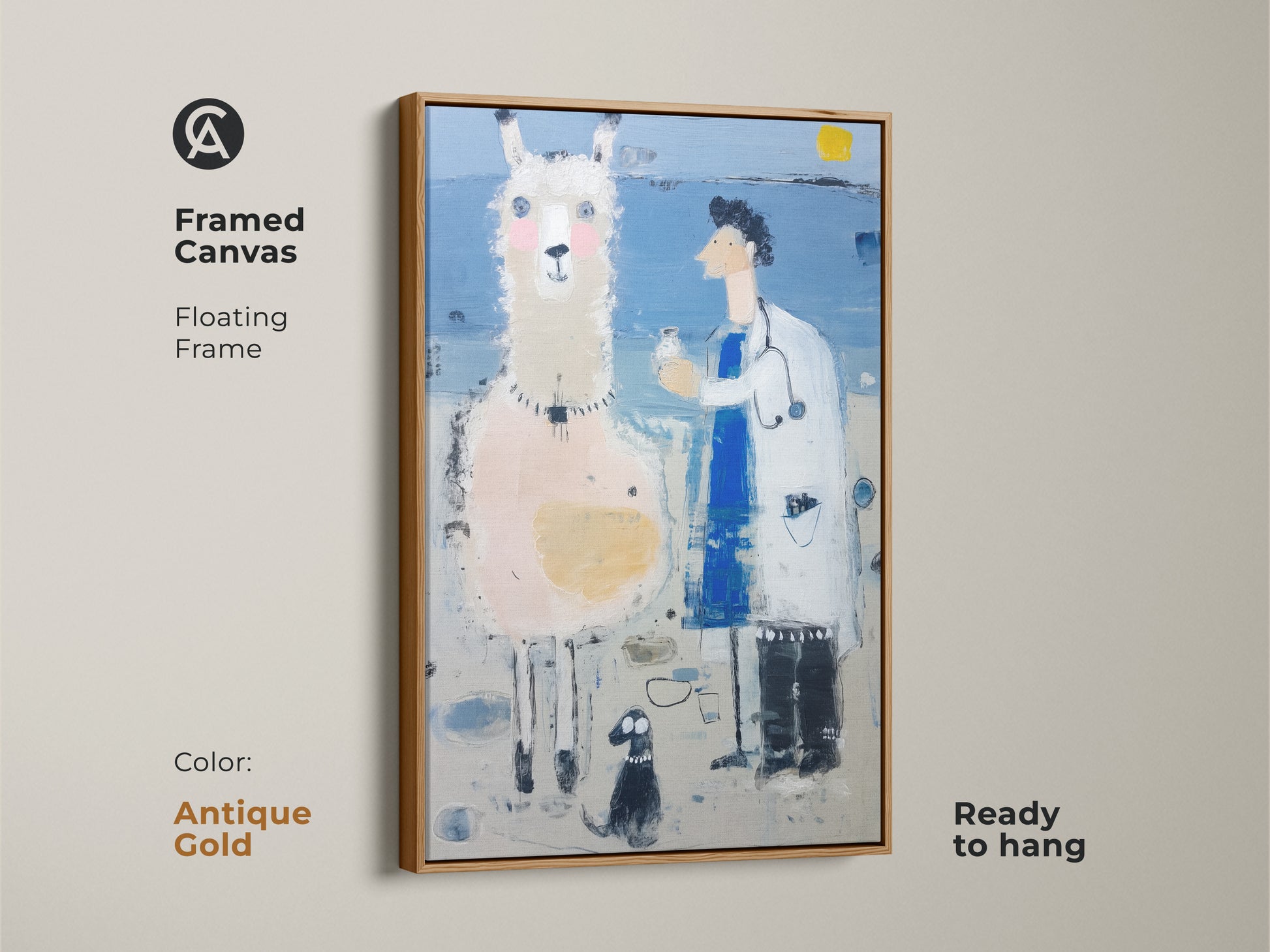 This framed canvas features a llama and a doctor. This framed canvas has a floating antique gold frame. It is a surreal artwork that is ready to hang. It's a funny pet gift and it will be a great addition to any home.