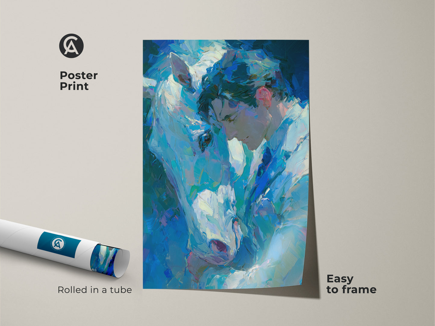 Poster print of a man with a white horse. The artwork is an easy to frame poster. This emotional art piece brings a sense of peace. Perfect for creating a gallery wall. This museum-quality paper enhances the artwork's details. Order your poster today.