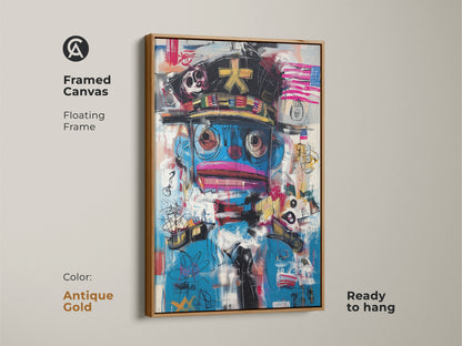 Framed canvas featuring graffiti style character art. Showcasing a floating frame this abstract pop culture piece in antique gold adds a modern touch. Ready to hang this eclectic artwork enhances any space. Its blue and red abstract artwork is a must-have statement piece.