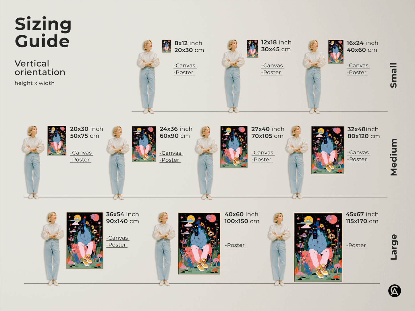 Sizing guide for vertical art prints. See canvas and poster sizes. Find the perfect fit for your space. Options range from small to large. Choose the ideal size for your art print.