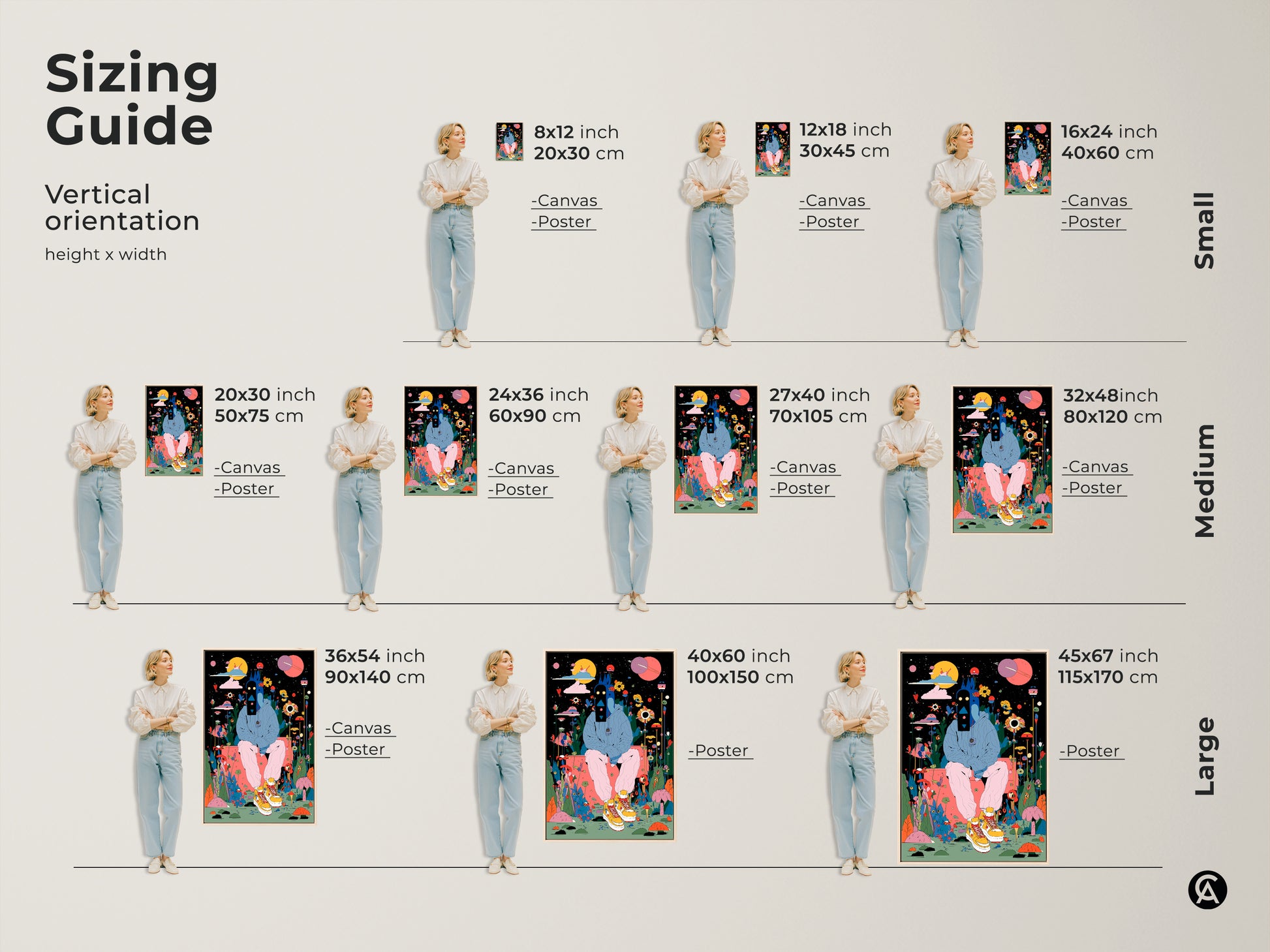Sizing guide for vertical art prints. See canvas and poster sizes. Find the perfect fit for your space. Options range from small to large. Choose the ideal size for your art print.