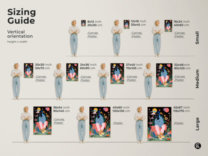 Sizing guide for vertical art prints. See canvas and poster sizes. Find the perfect fit for your space. Options range from small to large. Choose the ideal size for your art print.