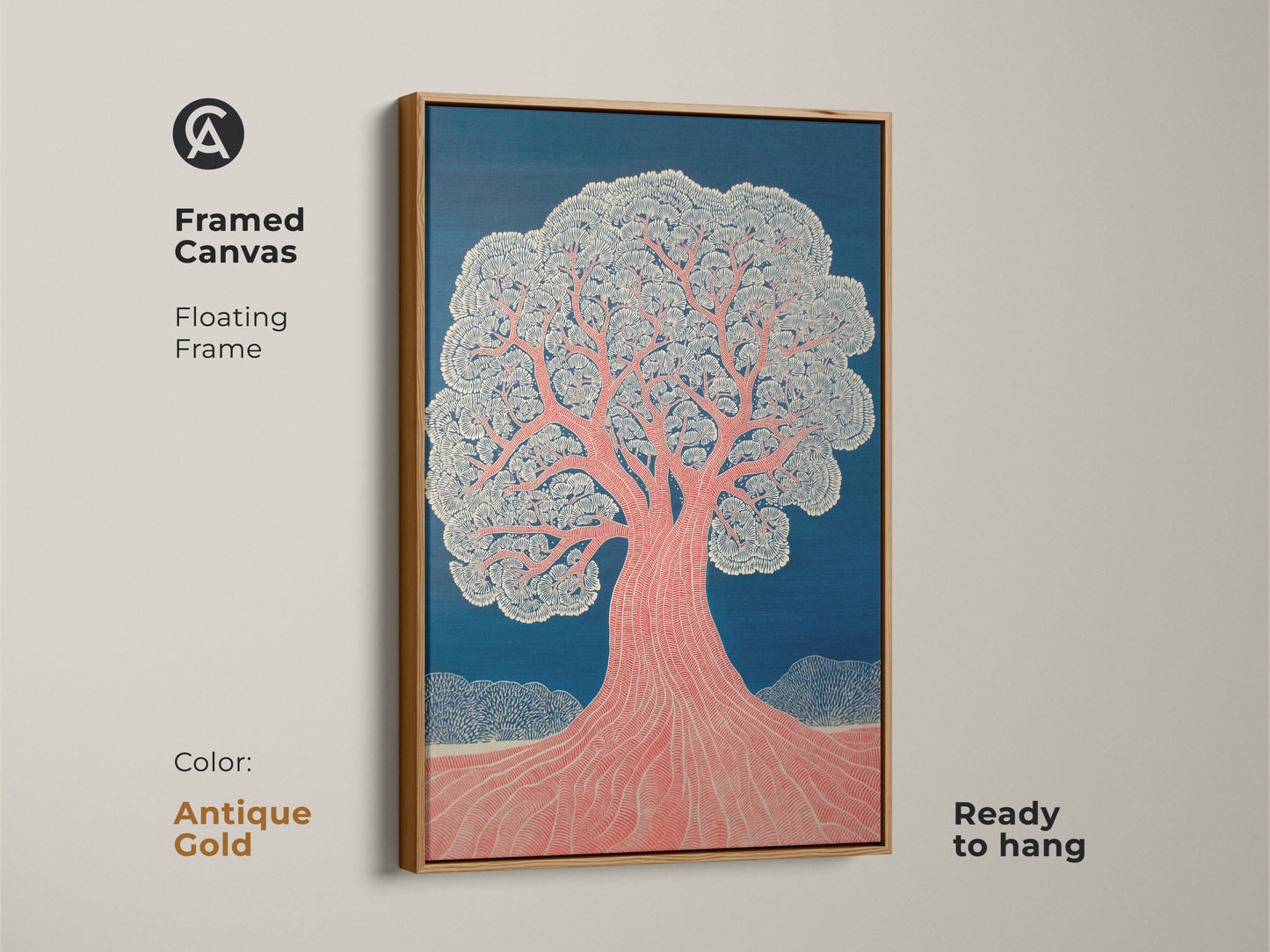 Indigo Tree of Life art in a white floating frame. This boho botanical wall art is ready to hang. The coral and indigo artwork offers minimalist nature decor for any room. A perfect housewarming gift or spiritual wall decor. Enhance your living space with this unique home wall art.