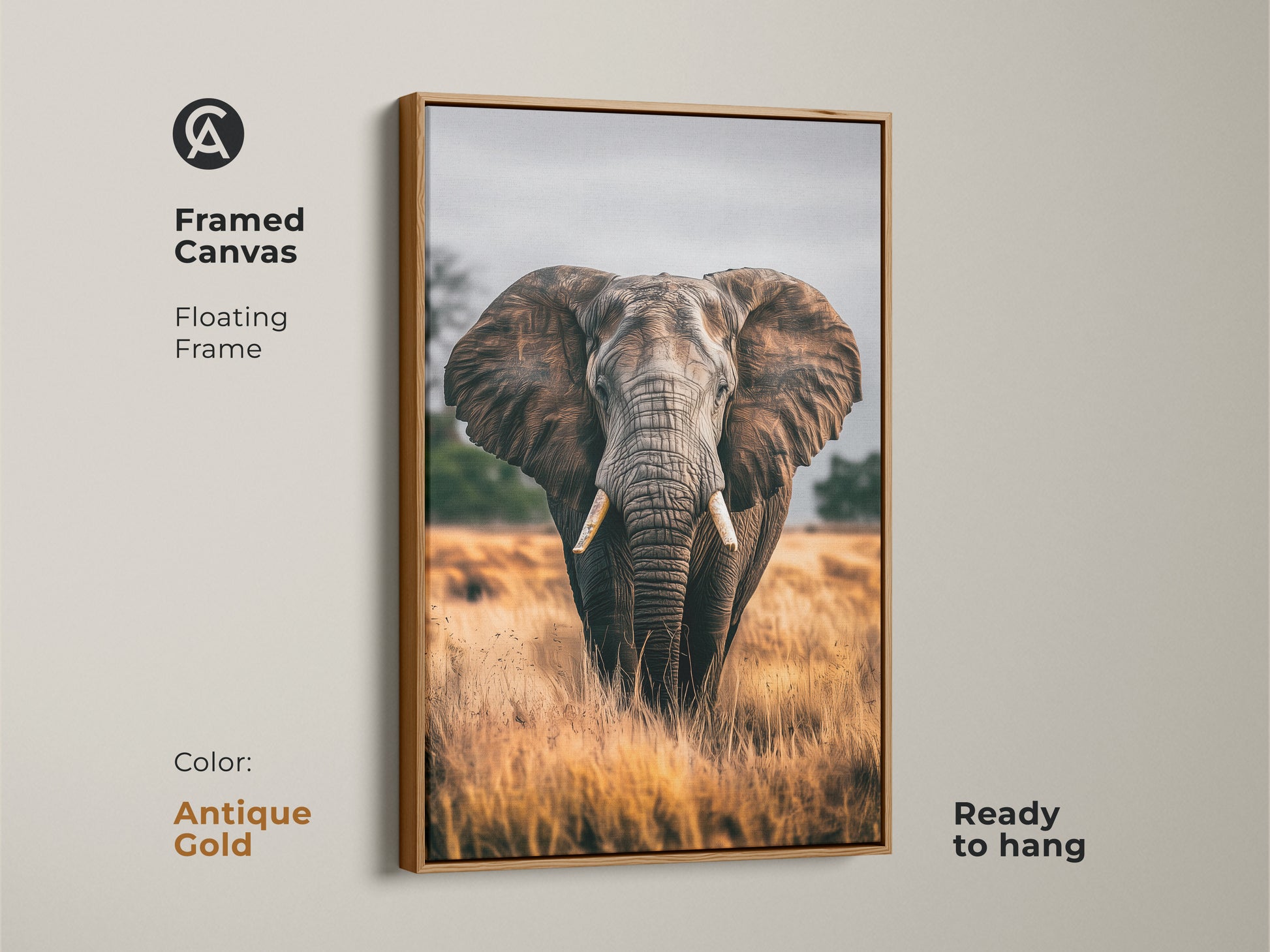 Framed canvas of an elephant portrait in antique gold. This wildlife wall art features a floating frame. The earthy brown and grey tones bring a rustic touch to your living room or bedroom. This ready to hang canvas is a perfect housewarming gift. The photorealistic animal is showcased in its natural habitat.