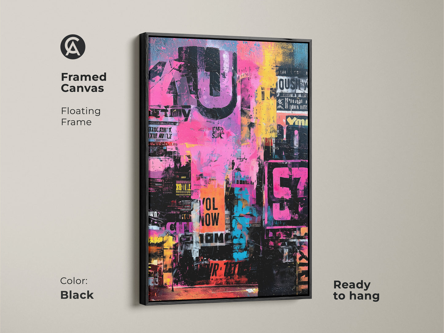 Framed canvas art with a black floating frame. Ready to hang and enjoy. This abstract artwork features a collage of colors and urban typography. Black frame adds a sleek modern touch. Elevate your interior with this stunning wall art.