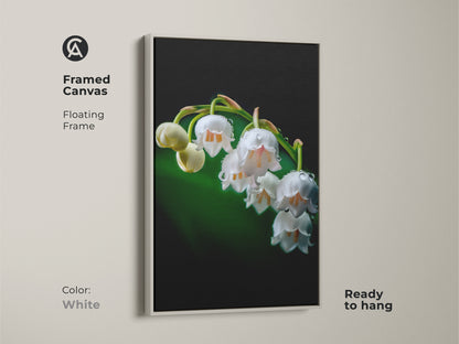Framed canvas featuring Lily of the Valley botanical artwork with a white floating frame. The macro nature photography captures the beauty of dewdrops on white petals. A perfect piece of floral art for a modern aesthetic.