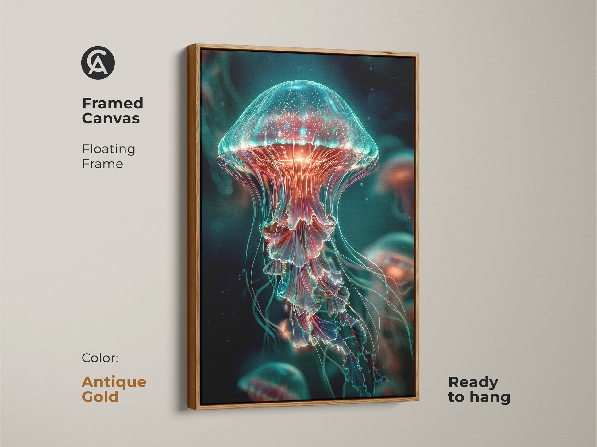Antique gold framed canvas featuring jellyfish artwork. The floating frame offers a vintage touch. Ready to hang this artwork brings marine life art to your space. The antique gold frame enhances the artwork's elegance.