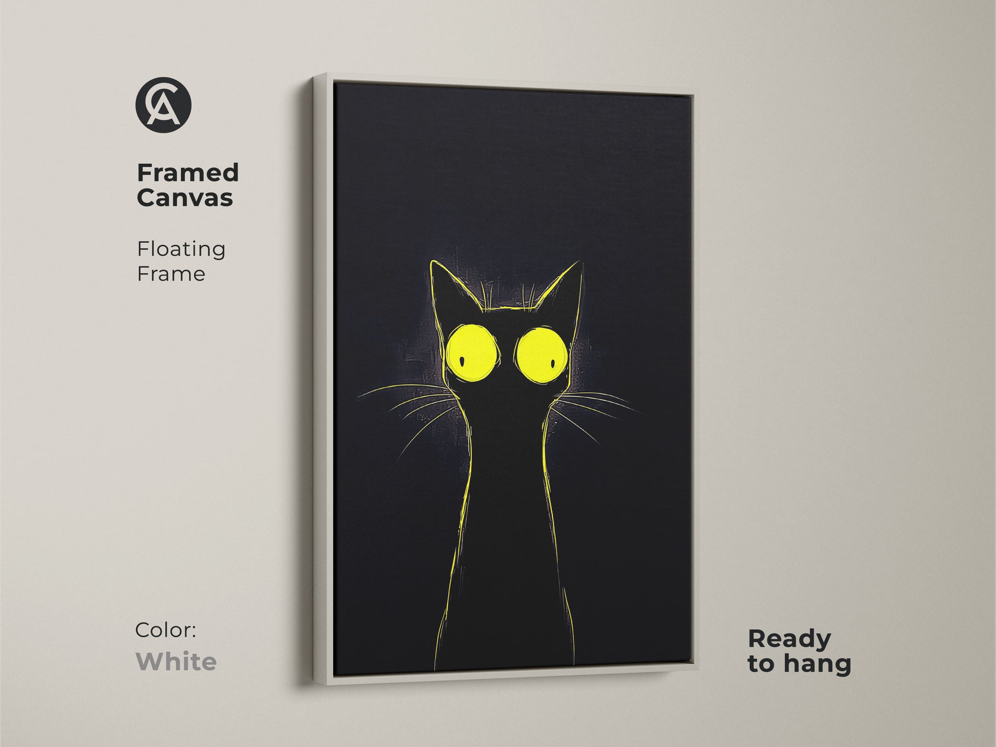 Framed canvas featuring a minimalist black cat with bright yellow eyes and a white floating frame. Ready to hang this modern cat art adds a clean touch to any room. This unique cat print is a perfect gift for cat lovers looking for quirky animal art and simple black and yellow art.
