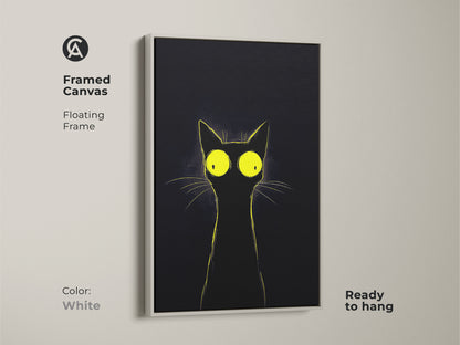 Framed canvas featuring a minimalist black cat with bright yellow eyes and a white floating frame. Ready to hang this modern cat art adds a clean touch to any room. This unique cat print is a perfect gift for cat lovers looking for quirky animal art and simple black and yellow art.