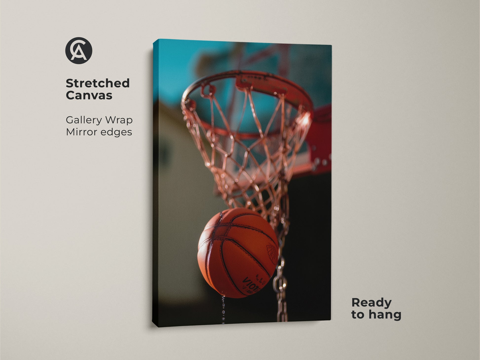 This is a stretched canvas basketball hoop art print. The gallery wrap has mirrored edges. This action shot basketball print is ready to hang. It features an orange and teal color palette. This contemporary sports artwork is ideal for sports-themed interiors.