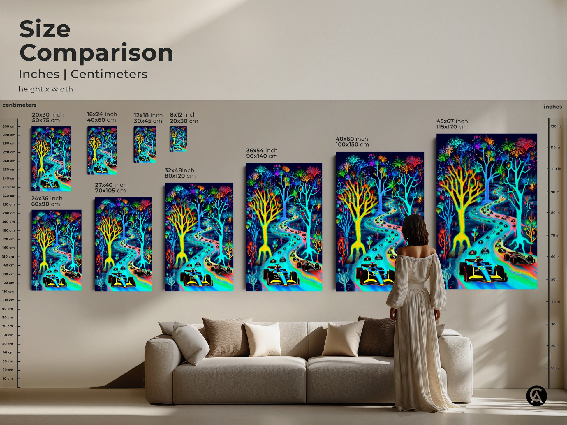 Compare sizes of our canvas and poster art. See how this abstract neon Formula 1 artwork fits in your space. We have sizes ranging from small to large. Find the ideal piece to complement your decor. Enhance your home with vibrant F1 style.