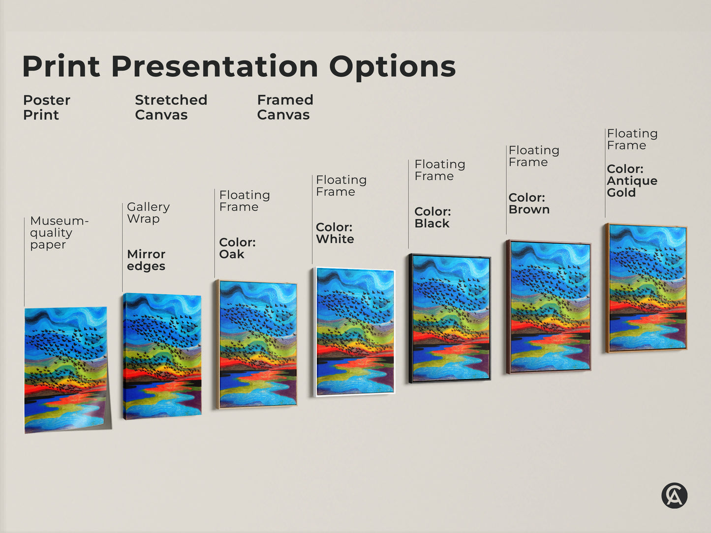 Print presentation options showing poster prints stretched canvas and framed canvas artwork. Colors include black brown antique gold and white. Find the perfect abstract bird art for bedroom decor and home aesthetic.